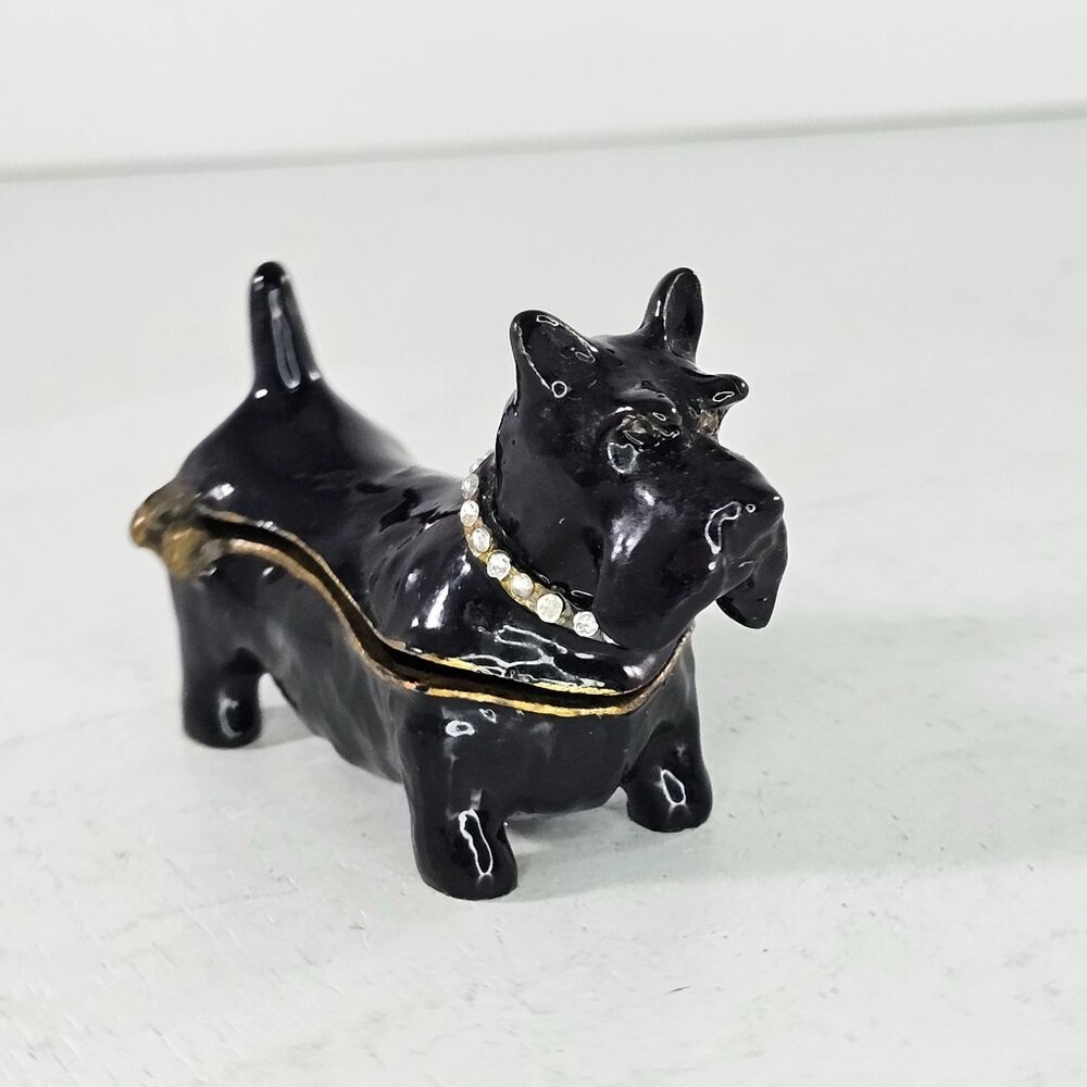 Black Scottie Dog Trinket Box With Rhinestone Collar & Gold Accents AS IS Flawed